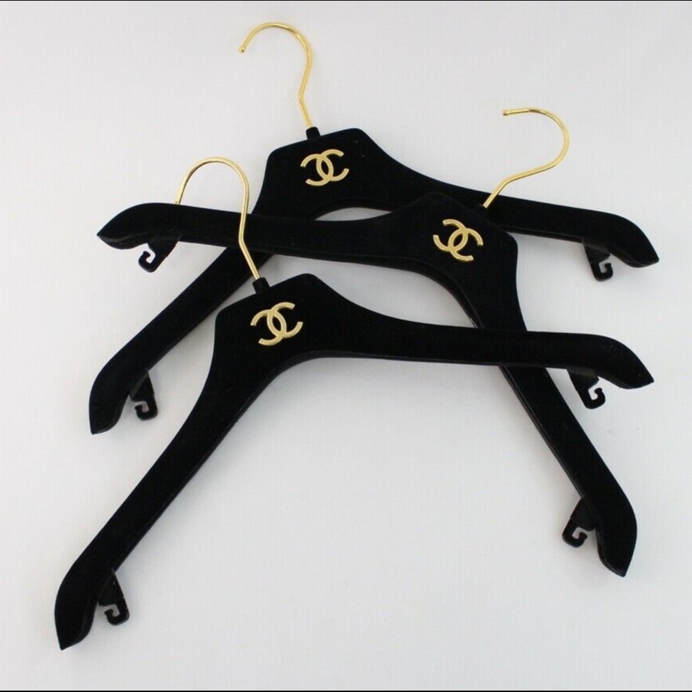 Chanel Authentic Set of 3 Black Velvet 'CC' Logo Luxe Top Hangers 15.5"